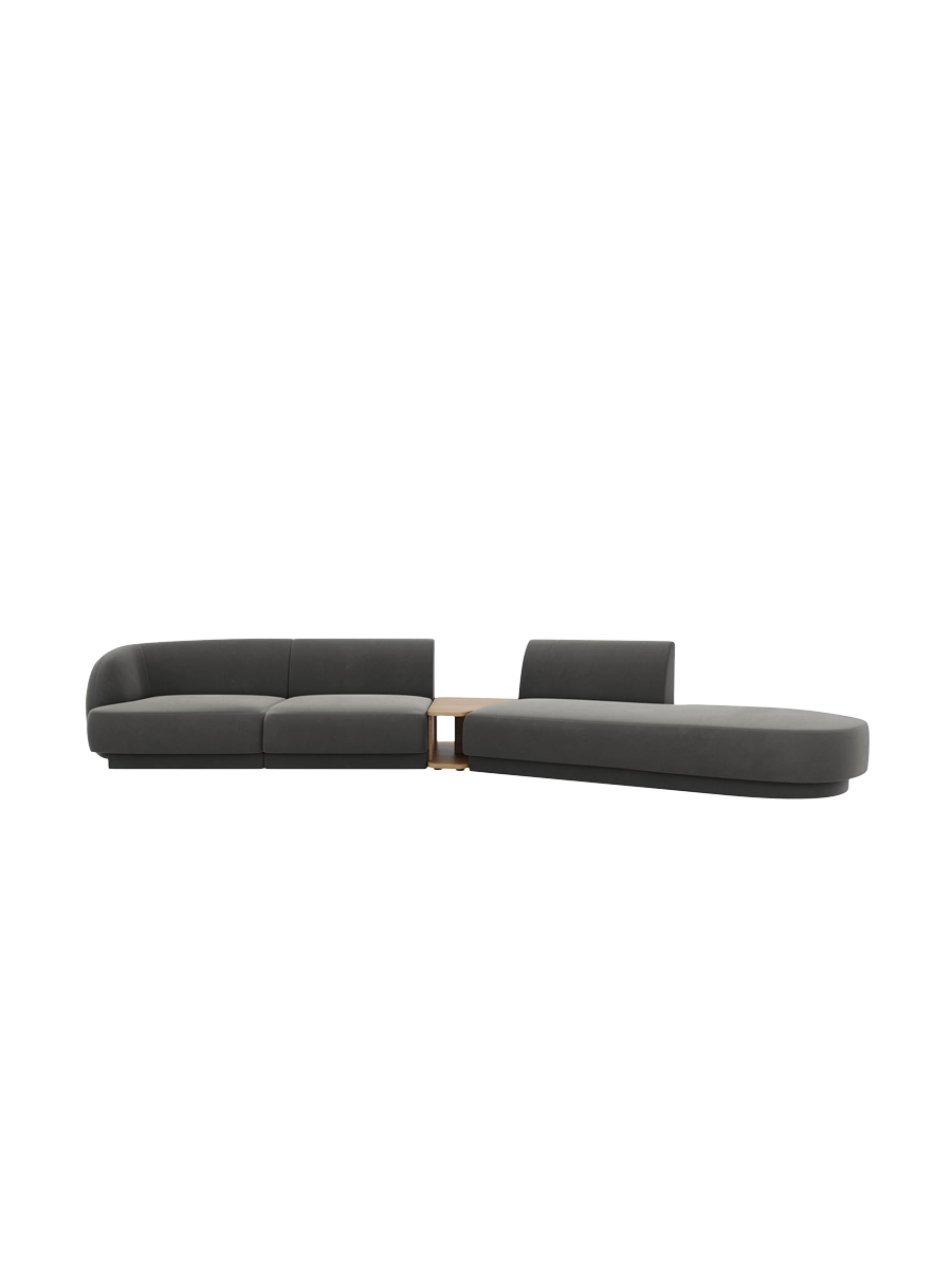 
Modulares Design Sofa „Miley“ mit Beistelltisch (4-Sitzer) - Samt Hellgrau / Ottomane rechts