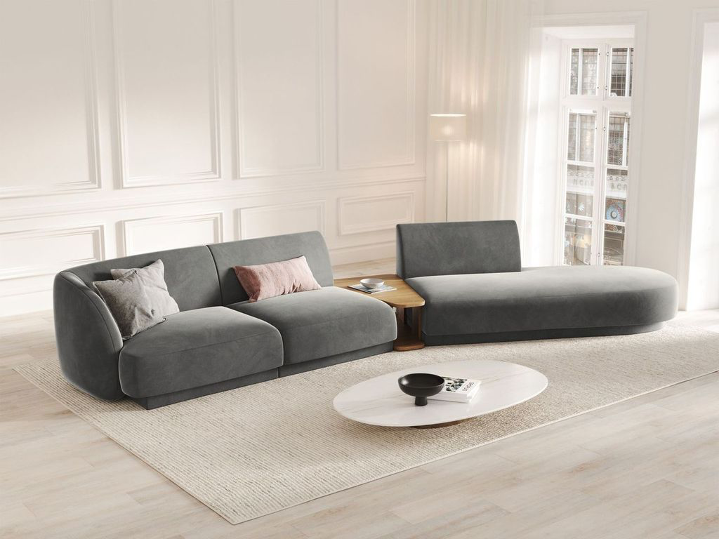 
Modulares Design Sofa „Miley“ mit Beistelltisch (4-Sitzer) - Samt Hellgrau / Ottomane rechts