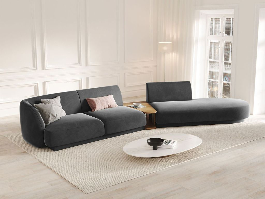 
Modulares Design Sofa „Miley“ mit Beistelltisch (4-Sitzer) - Samt Grau / Ottomane rechts