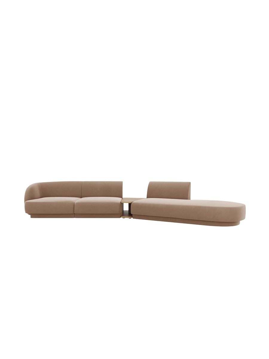 
Modulares Design Sofa „Miley“ mit Beistelltisch (4-Sitzer) - Samt Cappuccino / Ottomane rechts