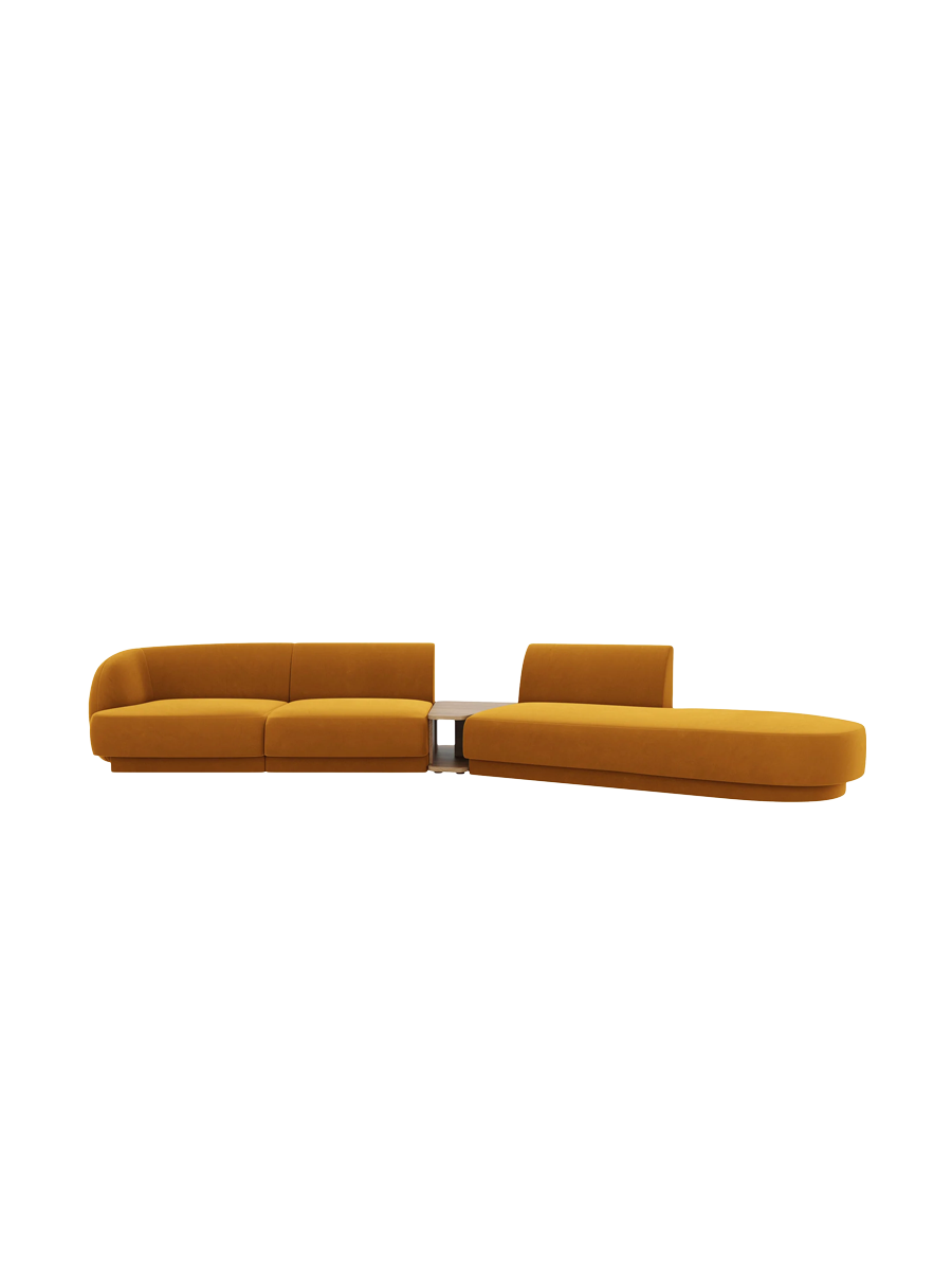 
Modulares Design Sofa „Miley“ mit Beistelltisch (4-Sitzer) - Samt Senfgelb / Ottomane rechts