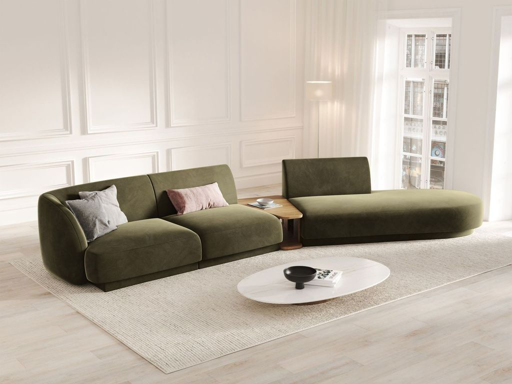 
Modulares Design Sofa „Miley“ mit Beistelltisch (4-Sitzer) - Samt Grün / Ottomane rechts