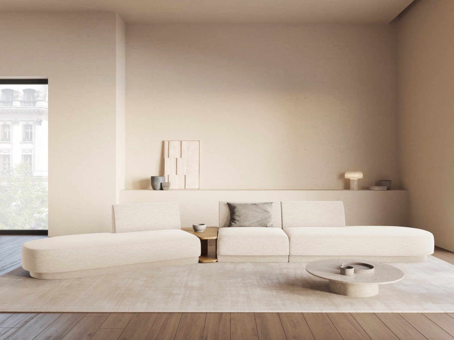 
Canapé modulaire « Miley » avec table d'appoint (5 places) - Chenille Beige Clair / Côté arrondi gauche
