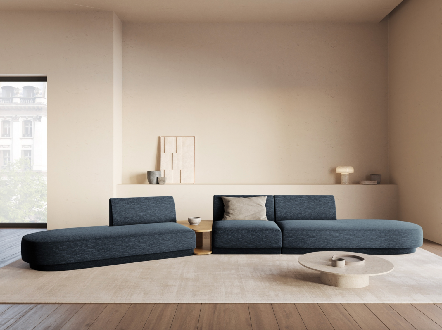 
Canapé modulaire « Miley » avec table d'appoint (5 places) - Chenille bleu foncé / Côté arrondi gauche
