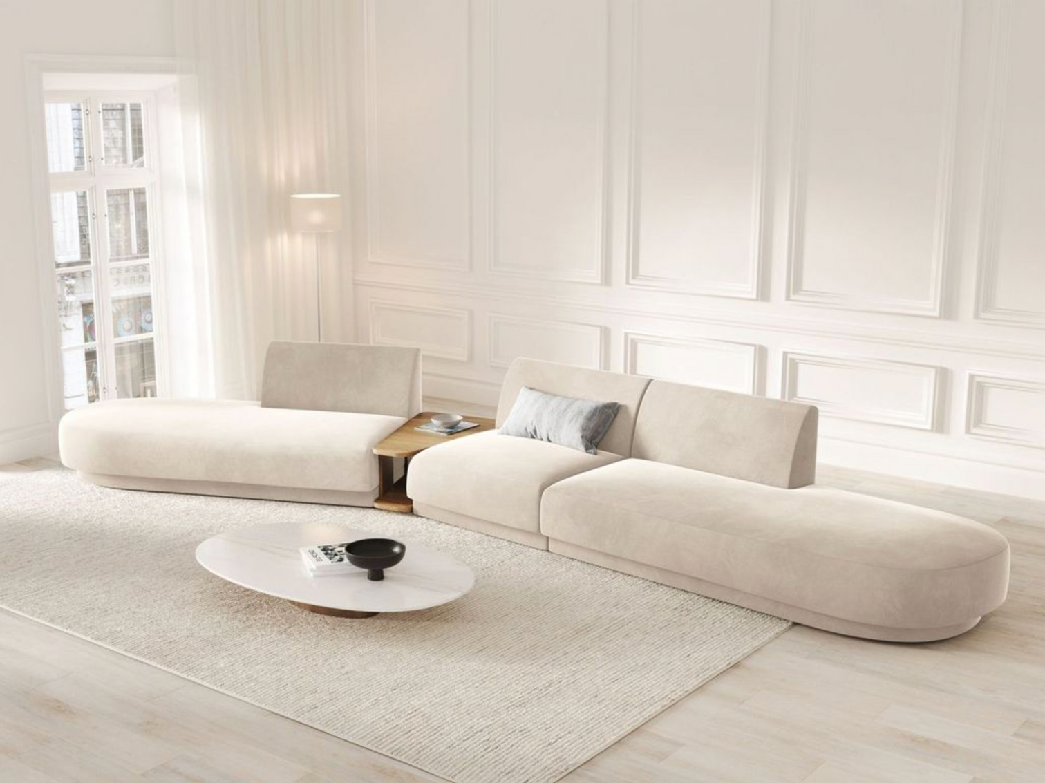
Canapé modulaire « Miley » avec table d'appoint (5 places) - Velours beige clair / Côté arrondi gauche