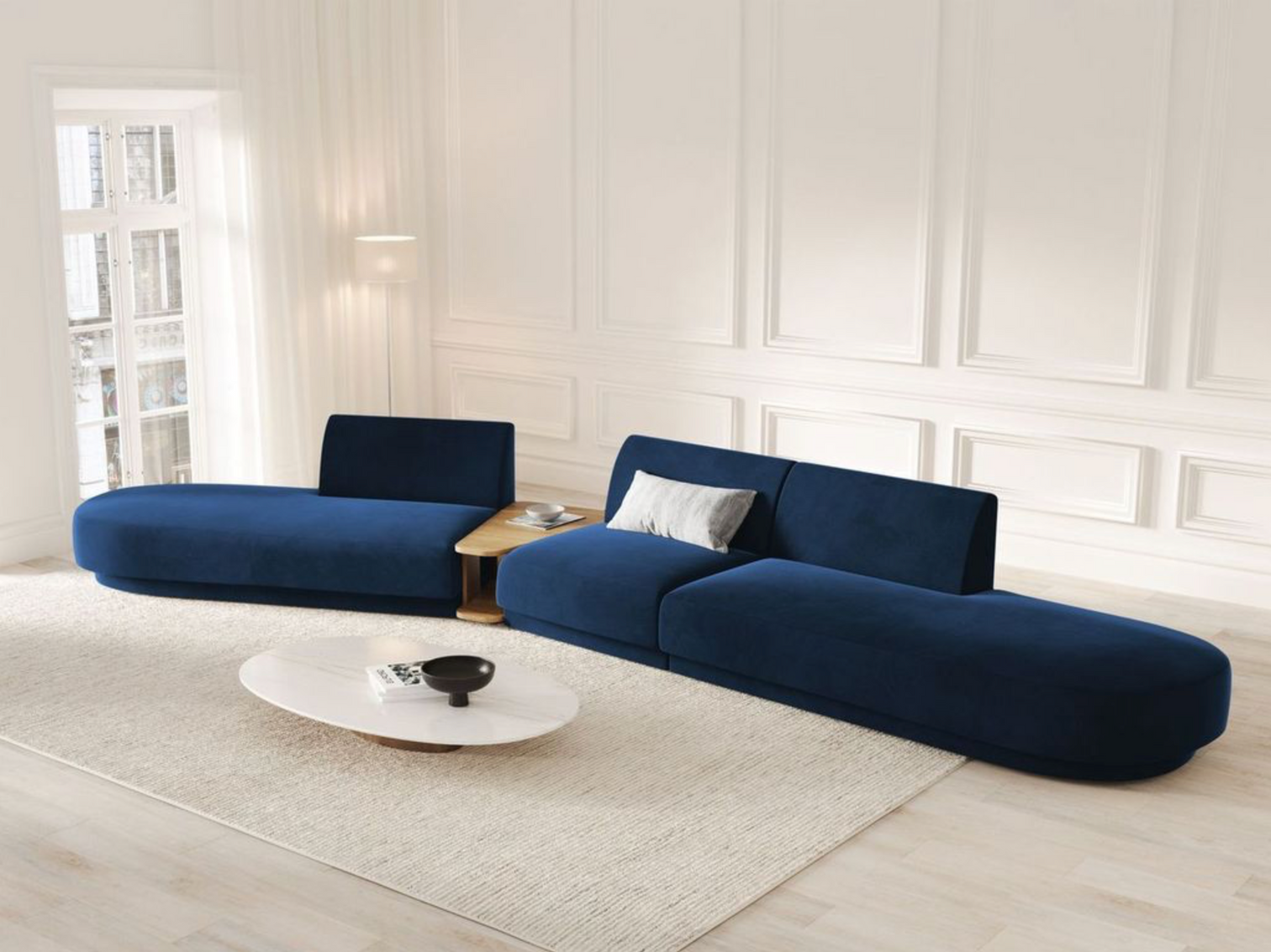 
Canapé modulaire « Miley » avec table d'appoint (5 places) - Velours bleu roi / Côté arrondi gauche
