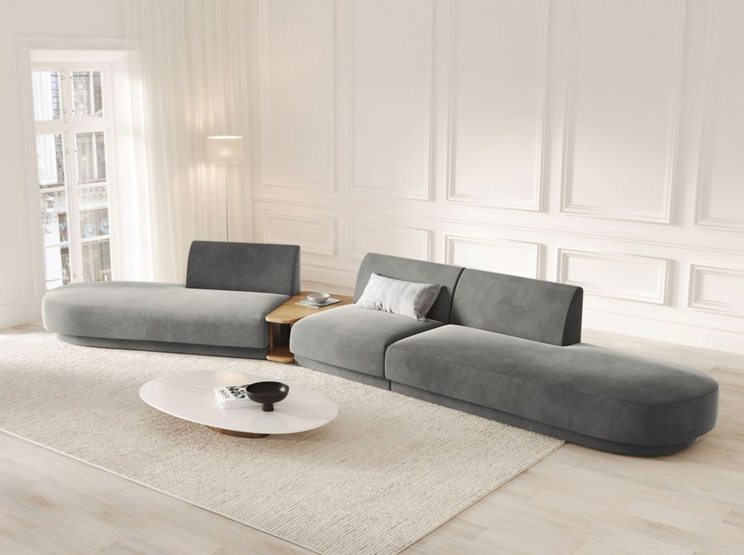 
Canapé modulaire « Miley » avec table d'appoint (5 places) - Velours gris clair / Côté arrondi gauche