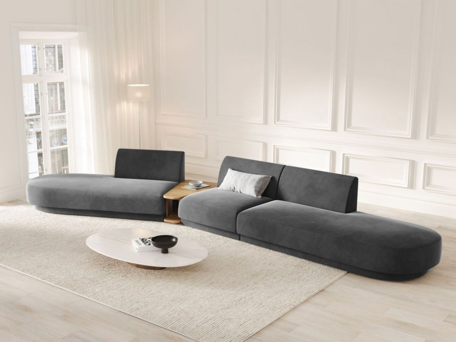 
Canapé modulaire « Miley » avec table d'appoint (5 places) - Velours Gris / Côté arrondi gauche