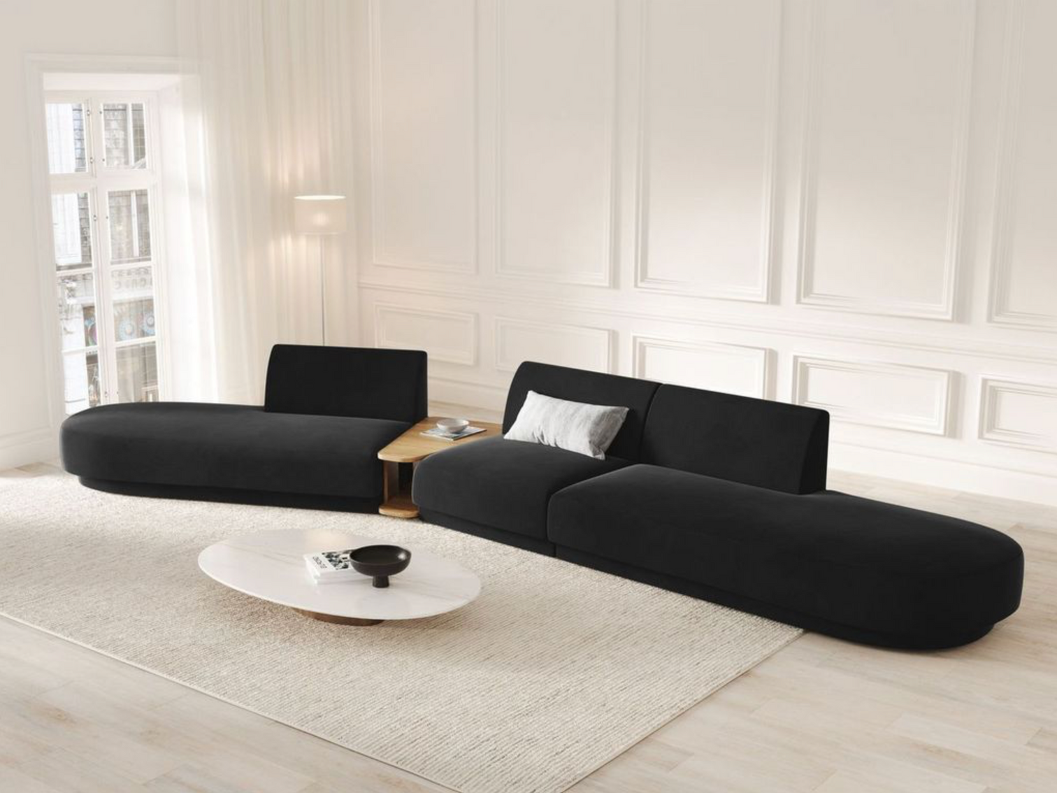 
Canapé modulaire « Miley » avec table d'appoint (5 places) - Velours noir / Côté arrondi gauche