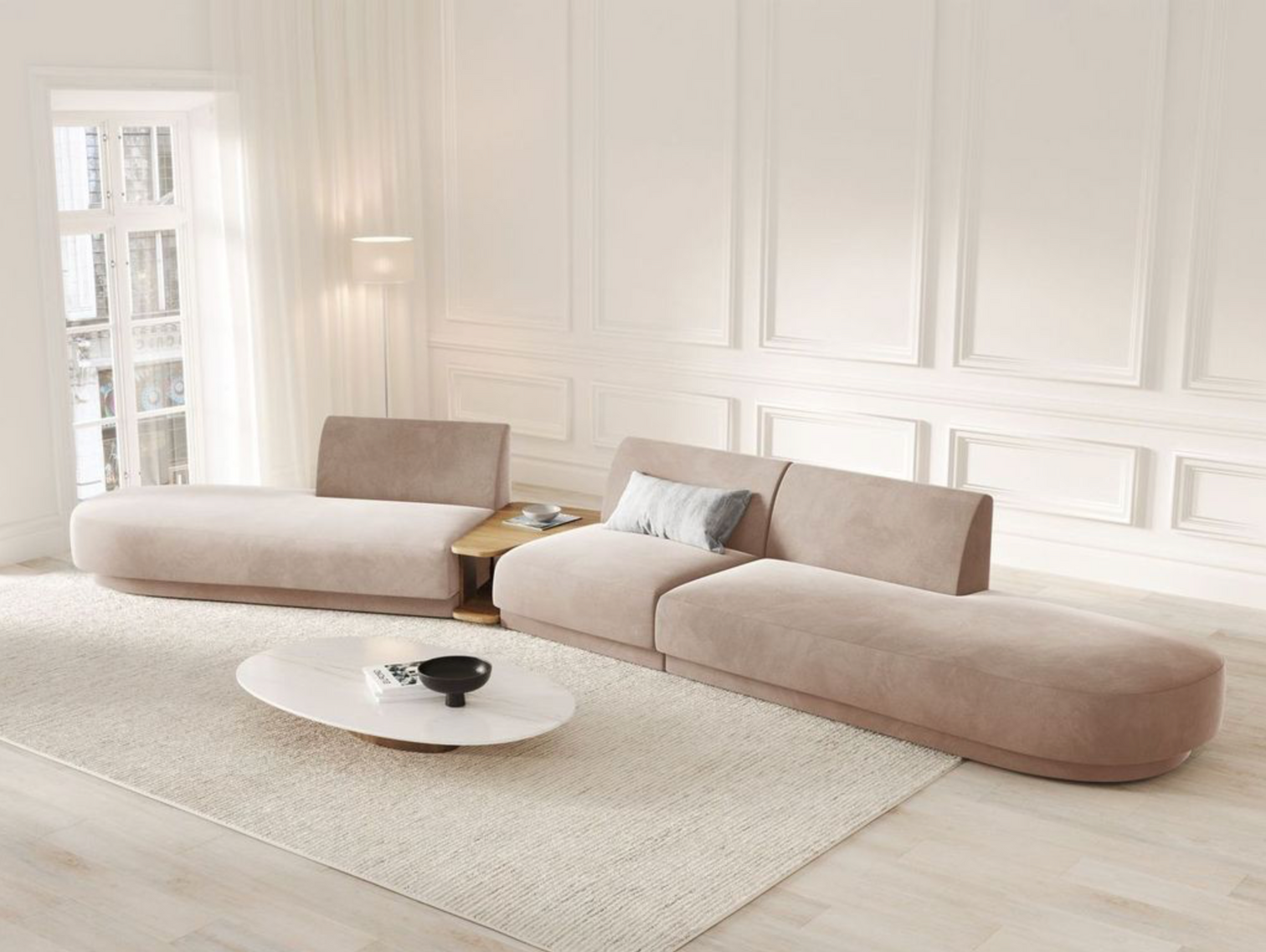 
Canapé modulaire « Miley » avec table d'appoint (5 places) - Cappuccino velouté / Côté arrondi gauche