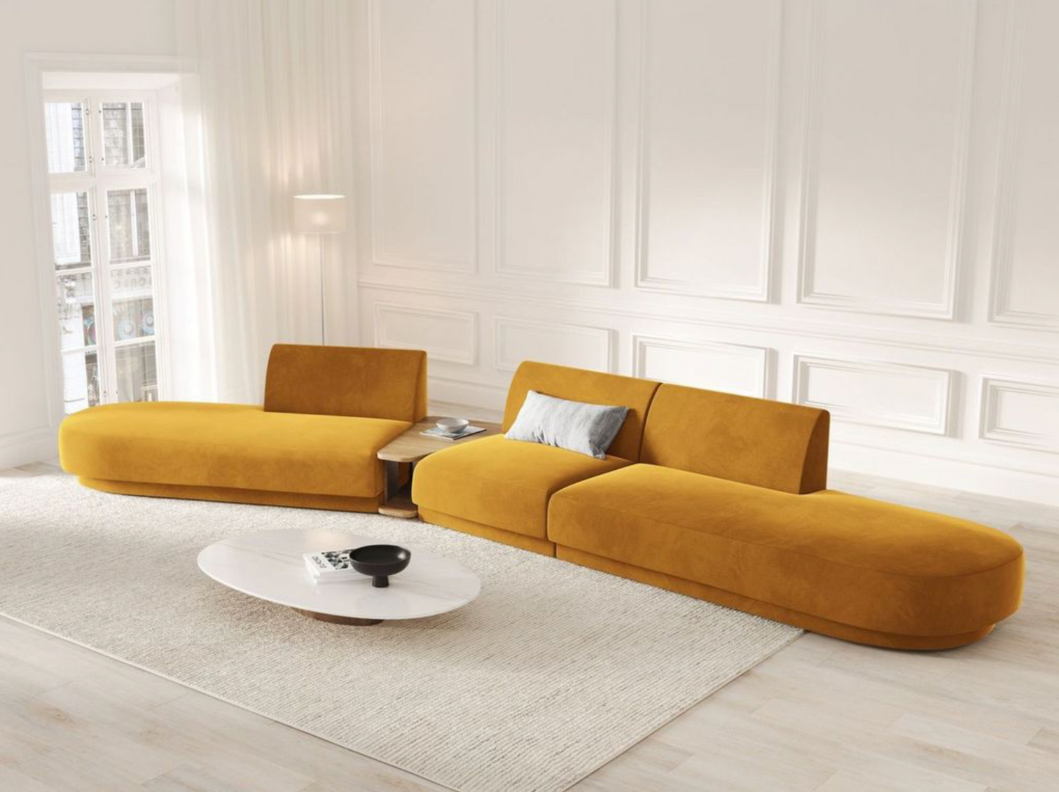 
Canapé modulaire « Miley » avec table d'appoint (5 places) - Velours Jaune Moutarde / Côté arrondi gauche