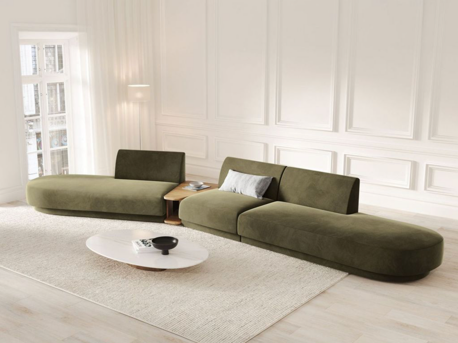 
Canapé modulaire « Miley » avec table d'appoint (5 places) - Velours vert / Côté arrondi gauche