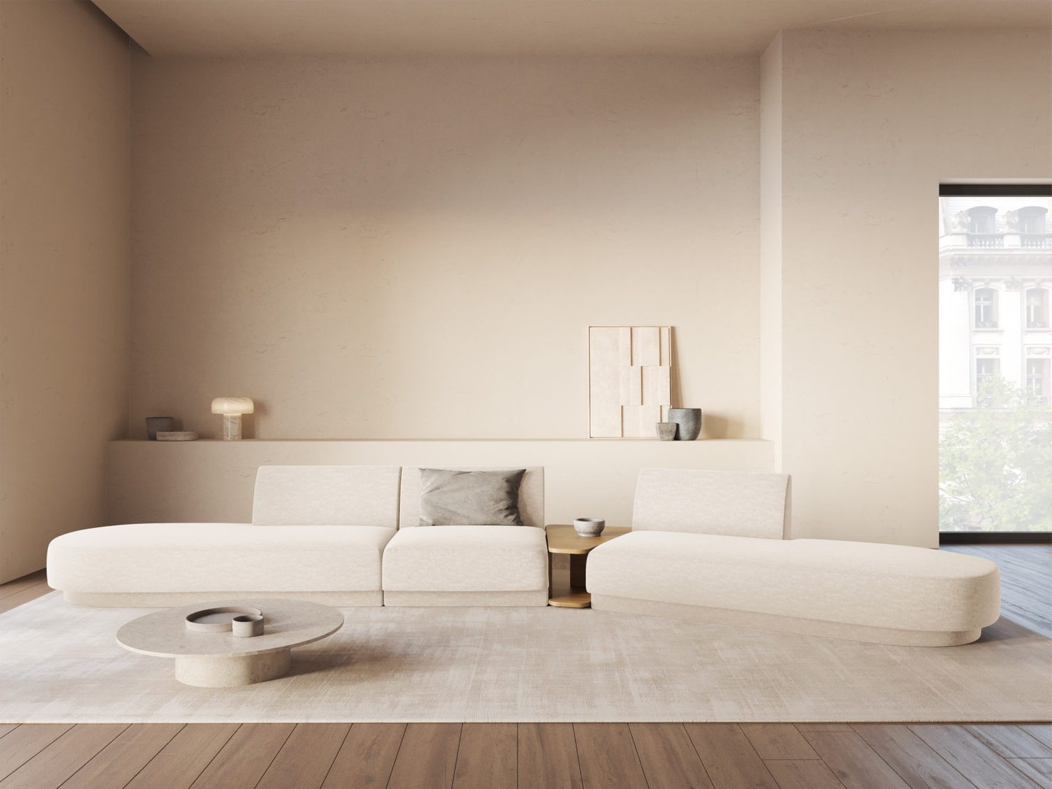 
Canapé modulaire « Miley » avec table d'appoint (5 places) - Chenille Beige Clair / Côté arrondi droit