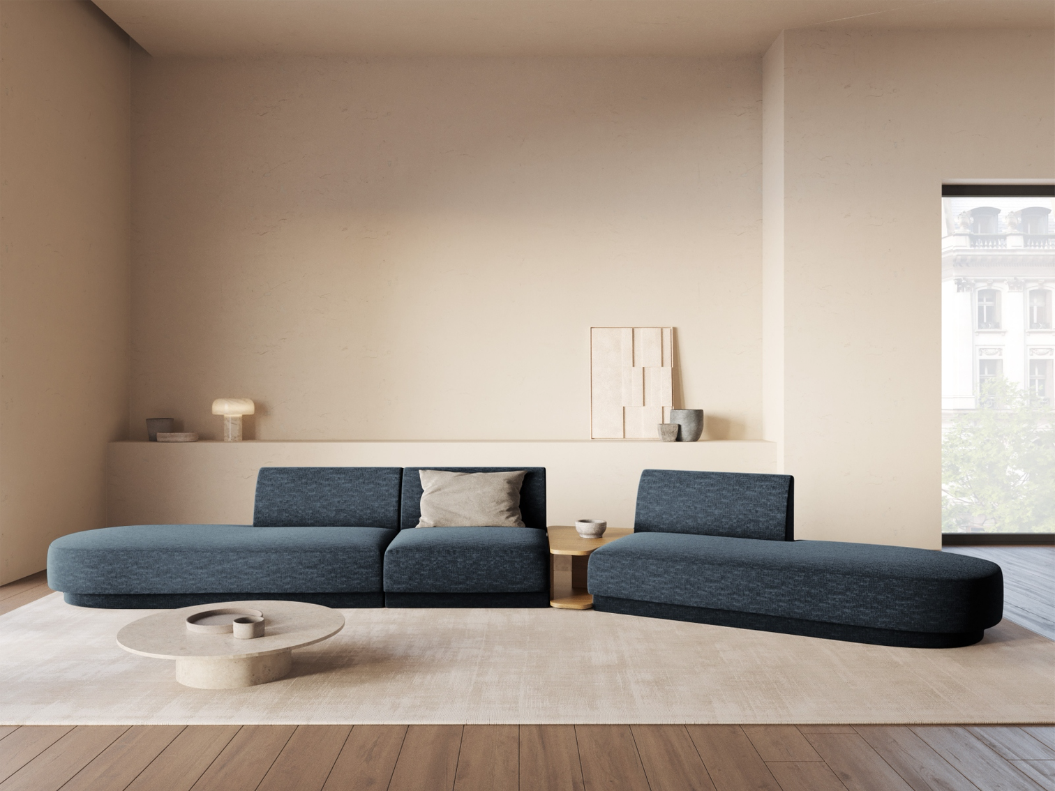 
Canapé modulaire « Miley » avec table d'appoint (5 places) - Chenille bleu foncé / Côté arrondi droit