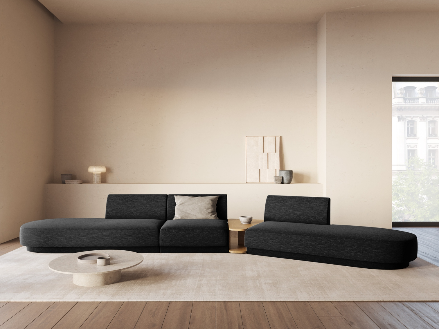 
Canapé modulaire « Miley » avec table d'appoint (5 places) - Chenille noire / Côté arrondi droit