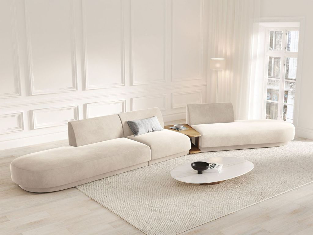 
Canapé modulaire « Miley » avec table d'appoint (5 places) - Velours beige clair / Côté arrondi droit