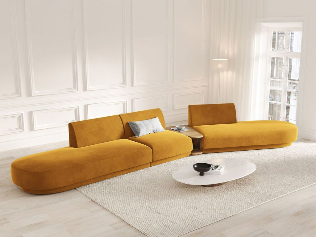 
Canapé modulaire « Miley » avec table d'appoint (5 places) - Velours Jaune Moutarde / Côté arrondi droit