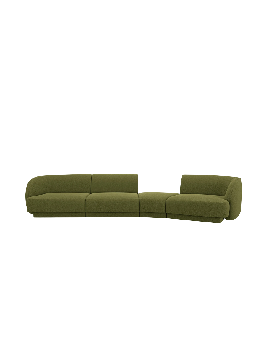 
Modulares Design Sofa „Miley“ mit abgerundeter Form (6-Sitzer) - Bouclé Olivgrün / Abgerundete Seite rechts