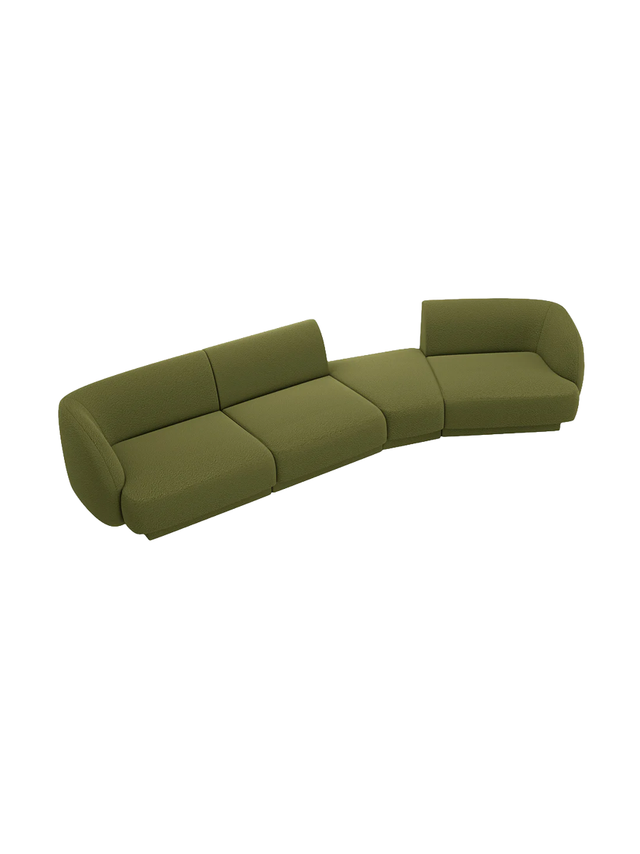 
Modulares Design Sofa „Miley“ mit abgerundeter Form (6-Sitzer) - Bouclé Olivgrün / Abgerundete Seite rechts