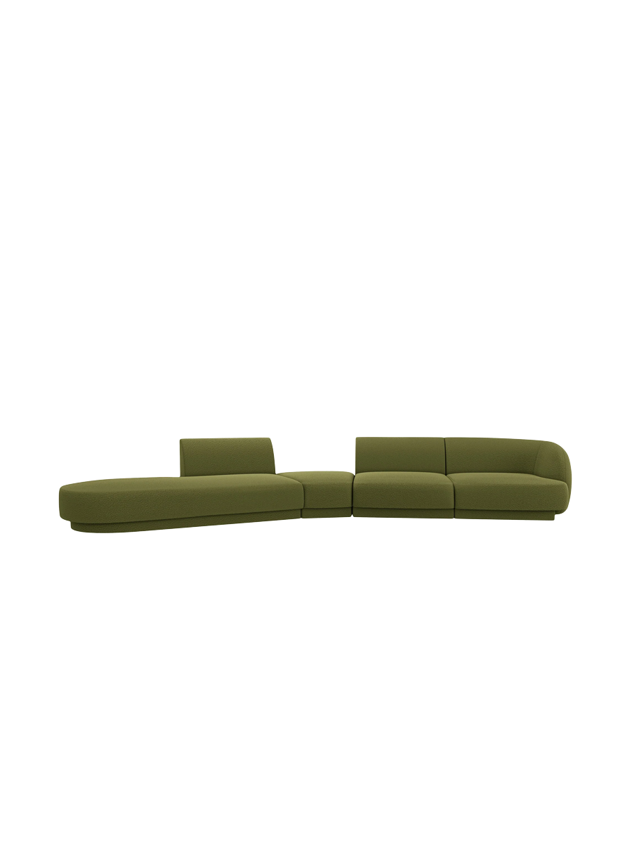 
Canapé modulaire « Miley » aux formes arrondies (7 places) - Bouclé vert olive / Ottomane à gauche