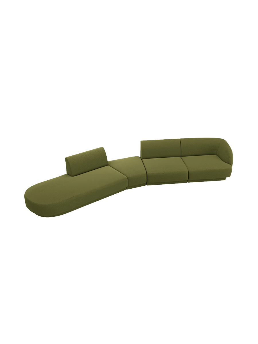 
Canapé modulaire « Miley » aux formes arrondies (7 places) - Bouclé vert olive / Ottomane à gauche