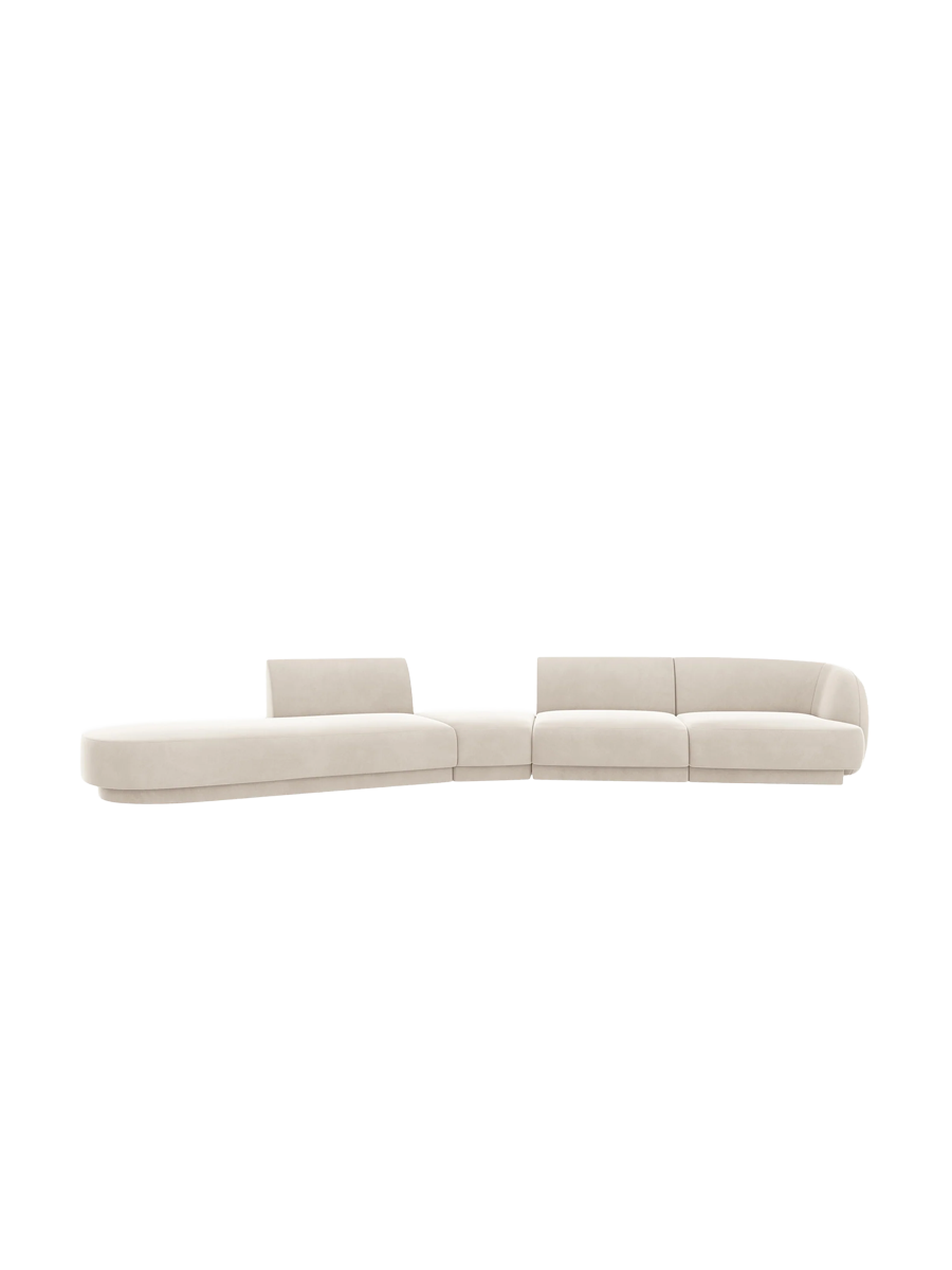 
Canapé modulaire « Miley » aux formes arrondies (7 places) - Velours beige clair / Ottomane à gauche
