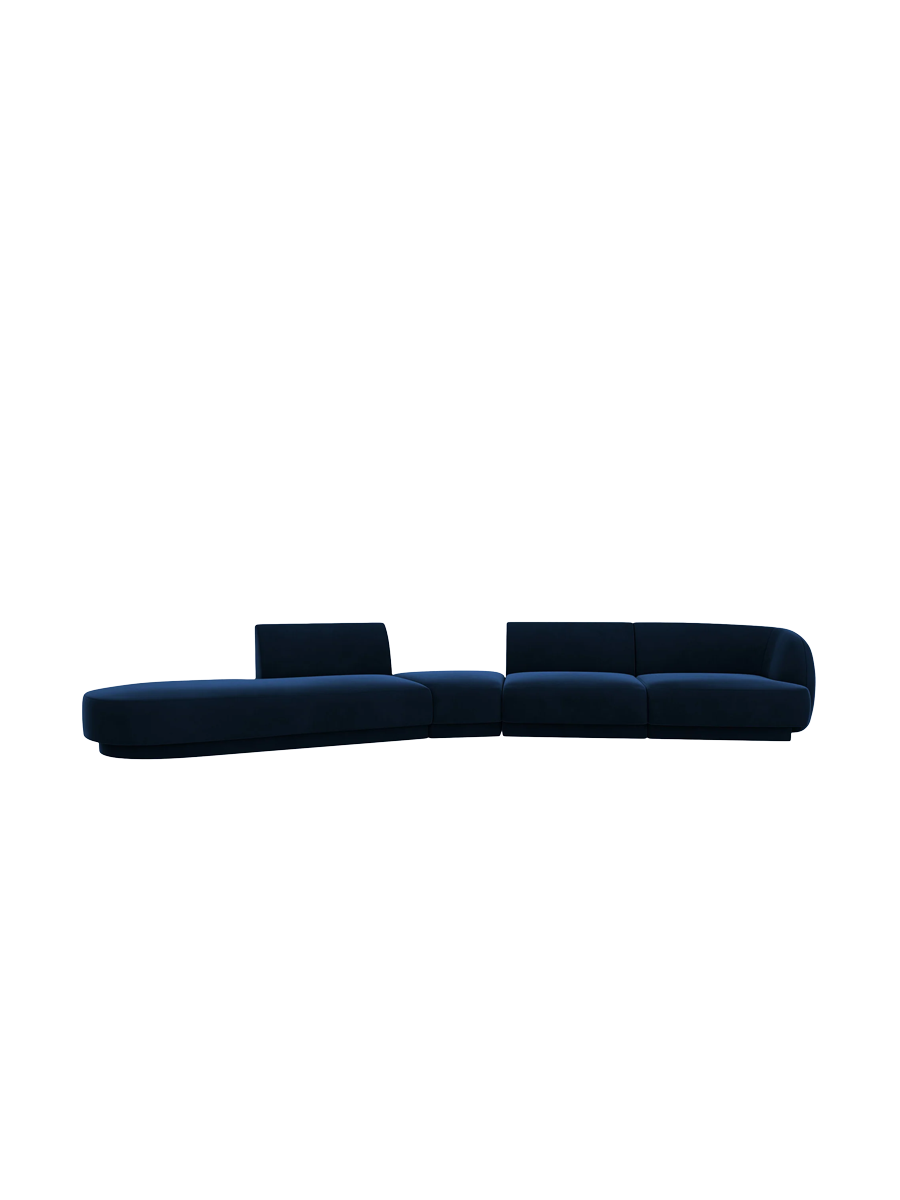 
Canapé modulaire « Miley » aux formes arrondies (7 places) - Velours bleu roi / Ottomane à gauche