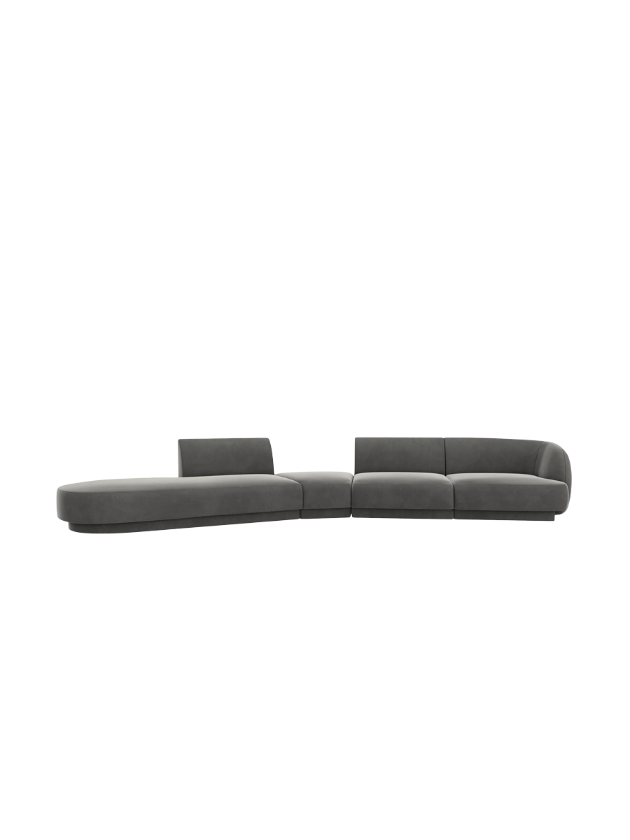 
Canapé modulaire « Miley » aux formes arrondies (7 places) - Velours gris clair / Ottomane à gauche