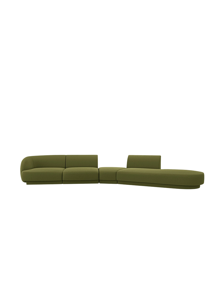 
Canapé modulaire « Miley » aux formes arrondies (7 places) - Bouclé vert olive / Ottomane à droite