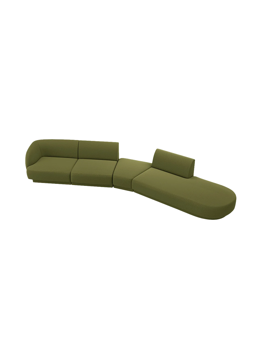 
Canapé modulaire « Miley » aux formes arrondies (7 places) - Bouclé vert olive / Ottomane à droite