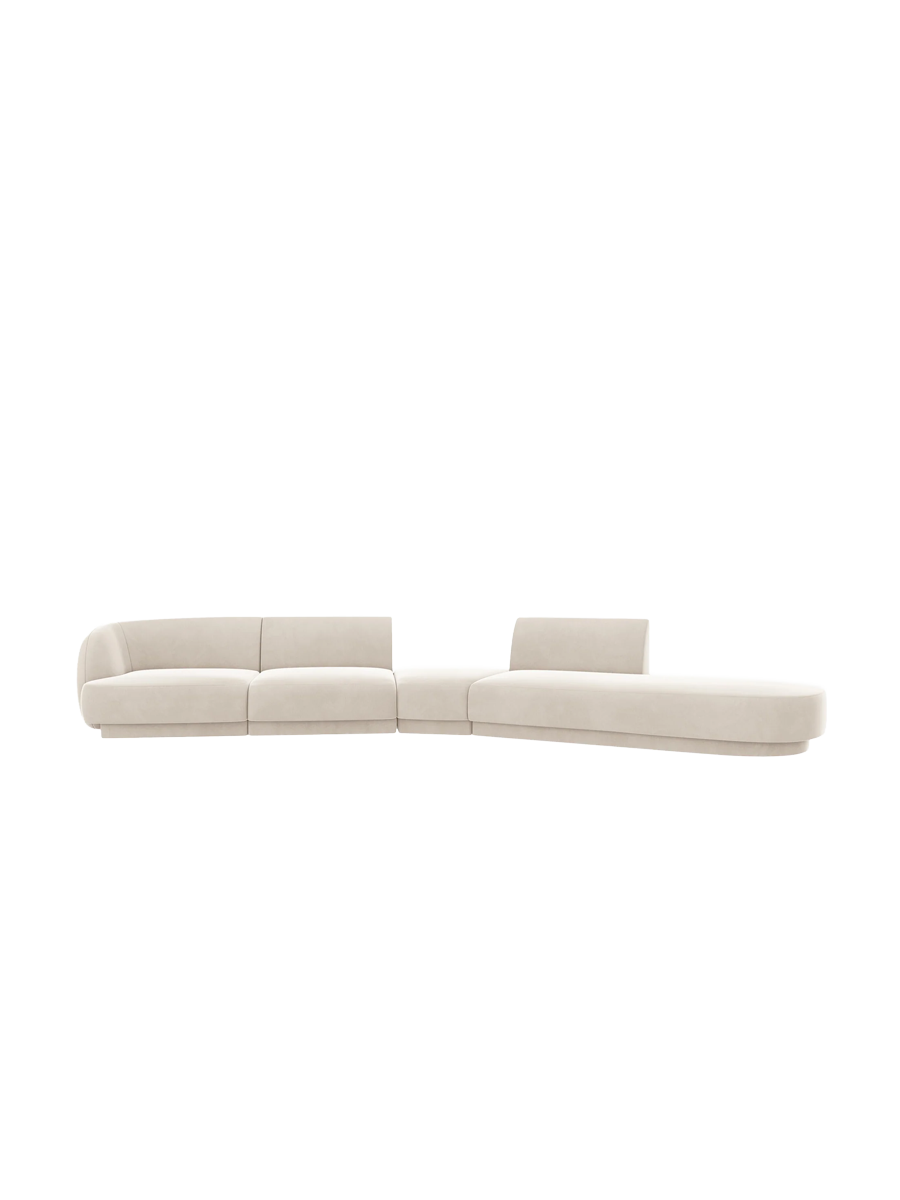 
Canapé modulaire « Miley » aux formes arrondies (7 places) - Velours beige clair / Ottomane à droite