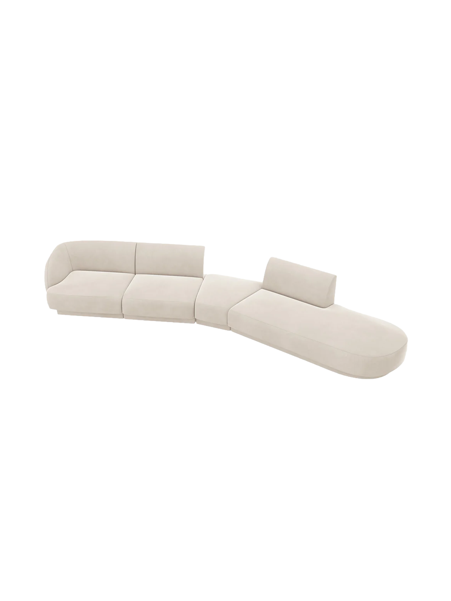 
Canapé modulaire « Miley » aux formes arrondies (7 places) - Velours beige clair / Ottomane à droite
