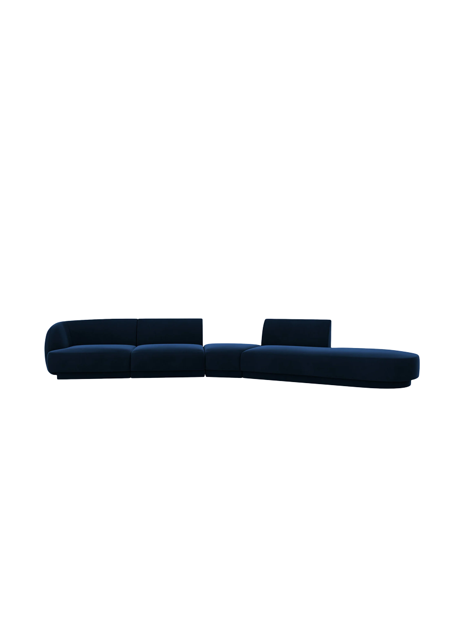 
Canapé modulaire « Miley » aux formes arrondies (7 places) - Velours bleu roi / Ottomane à droite