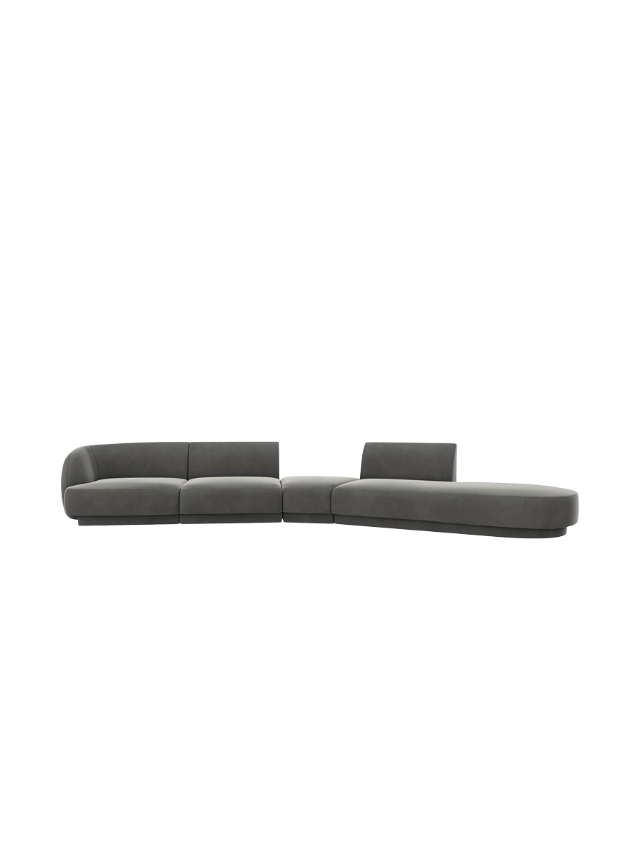 
Canapé modulaire « Miley » aux formes arrondies (7 places) - Velours gris clair / Ottomane à droite