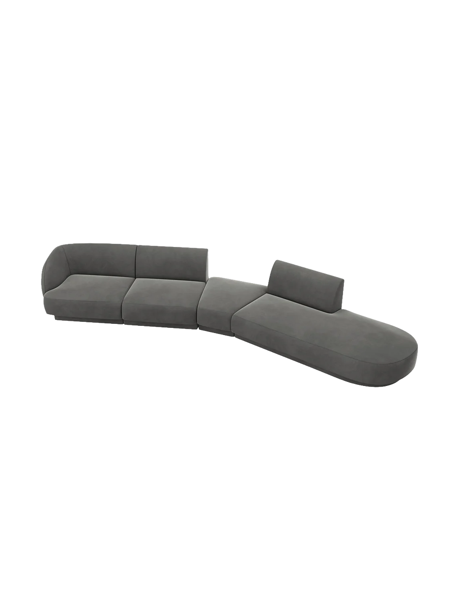 
Canapé modulaire « Miley » aux formes arrondies (7 places) - Velours gris clair / Ottomane à droite