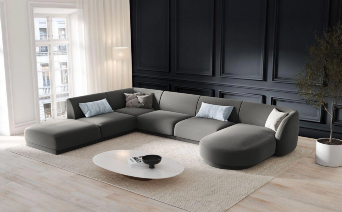 
Modulares Design Panorama „Miley“ (6/7-Sitzer) - Samt Hellgrau / Lange Seite links