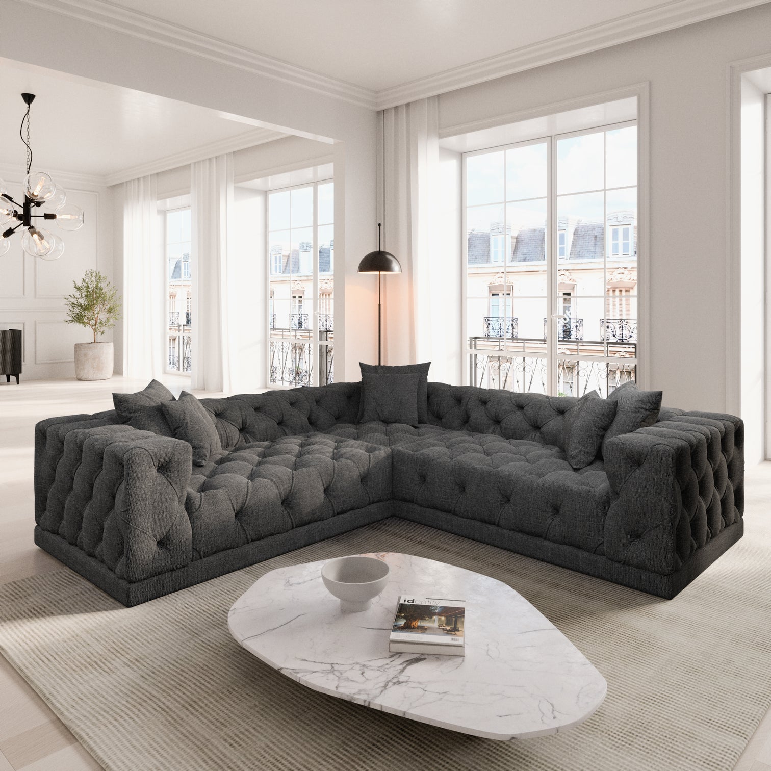 
5-seat designer corner sofa “Malika” with textured fabric upholstery - Textured fabric Anthracite