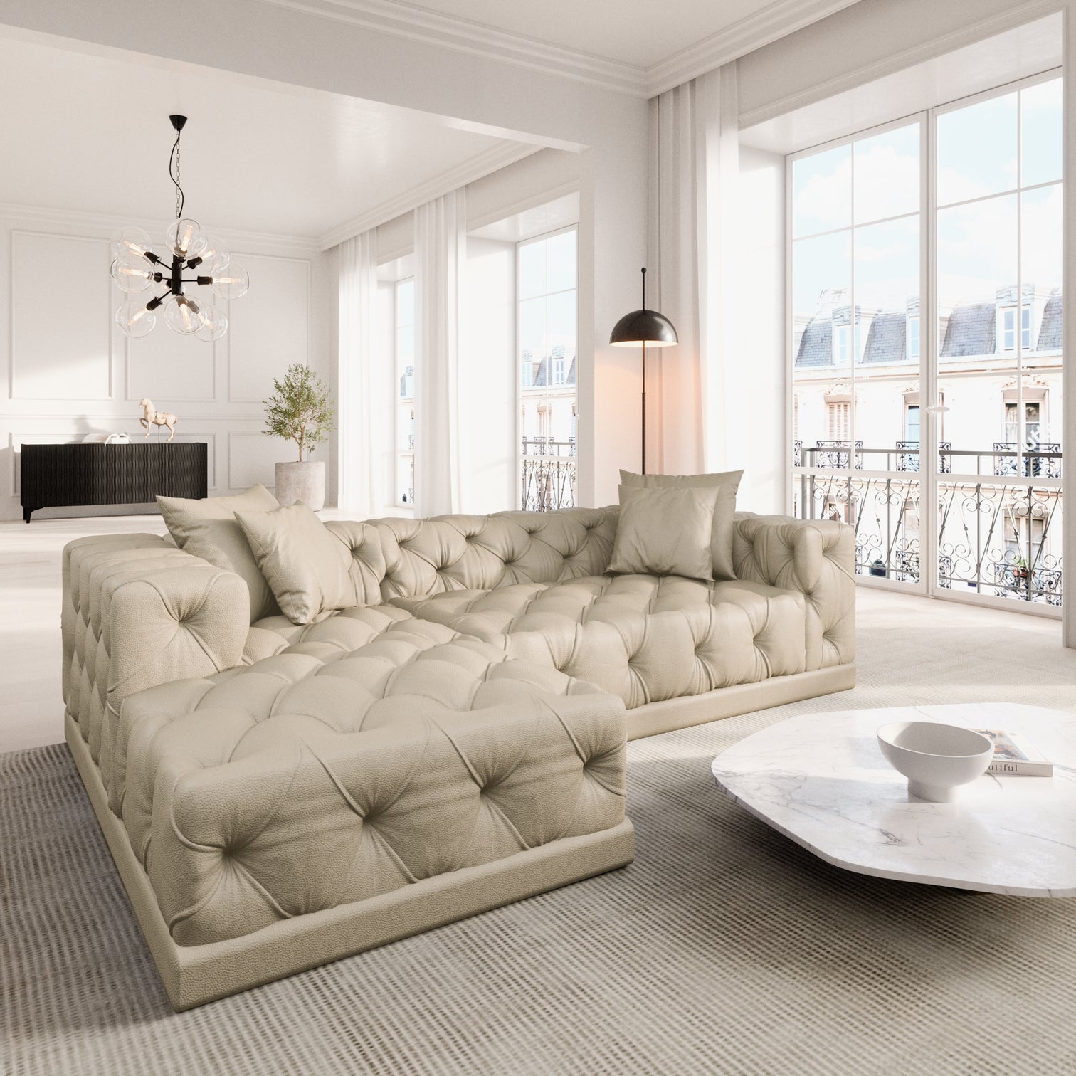 
4-seat designer genuine leather corner sofa “Malika” - Genuine leather Beige / Left corner section
