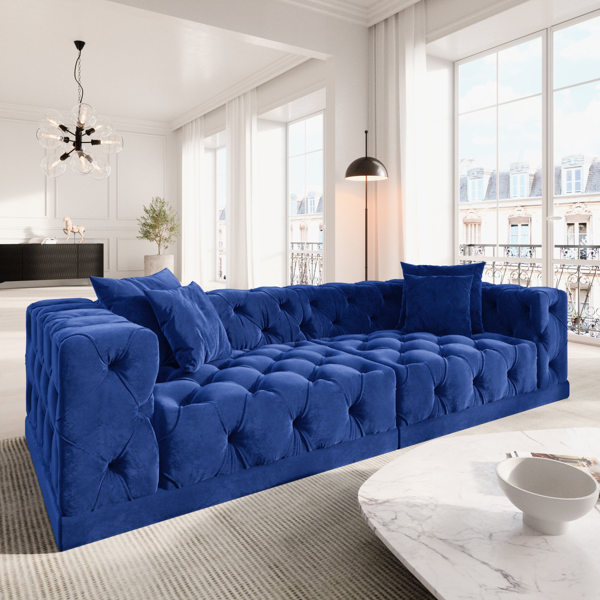 
4-Sitzer Design Sofa „Malika“ mit Samtbezug - Samtbezug Königsblau