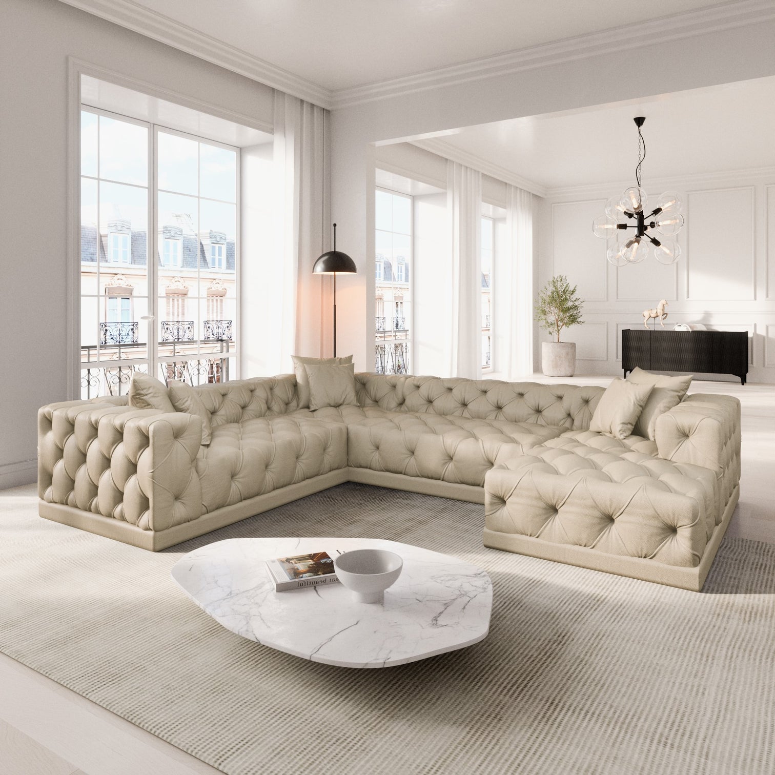 
7-seat designer genuine leather panoramic sofa “Malika XXL” - Genuine leather Beige / Long side right