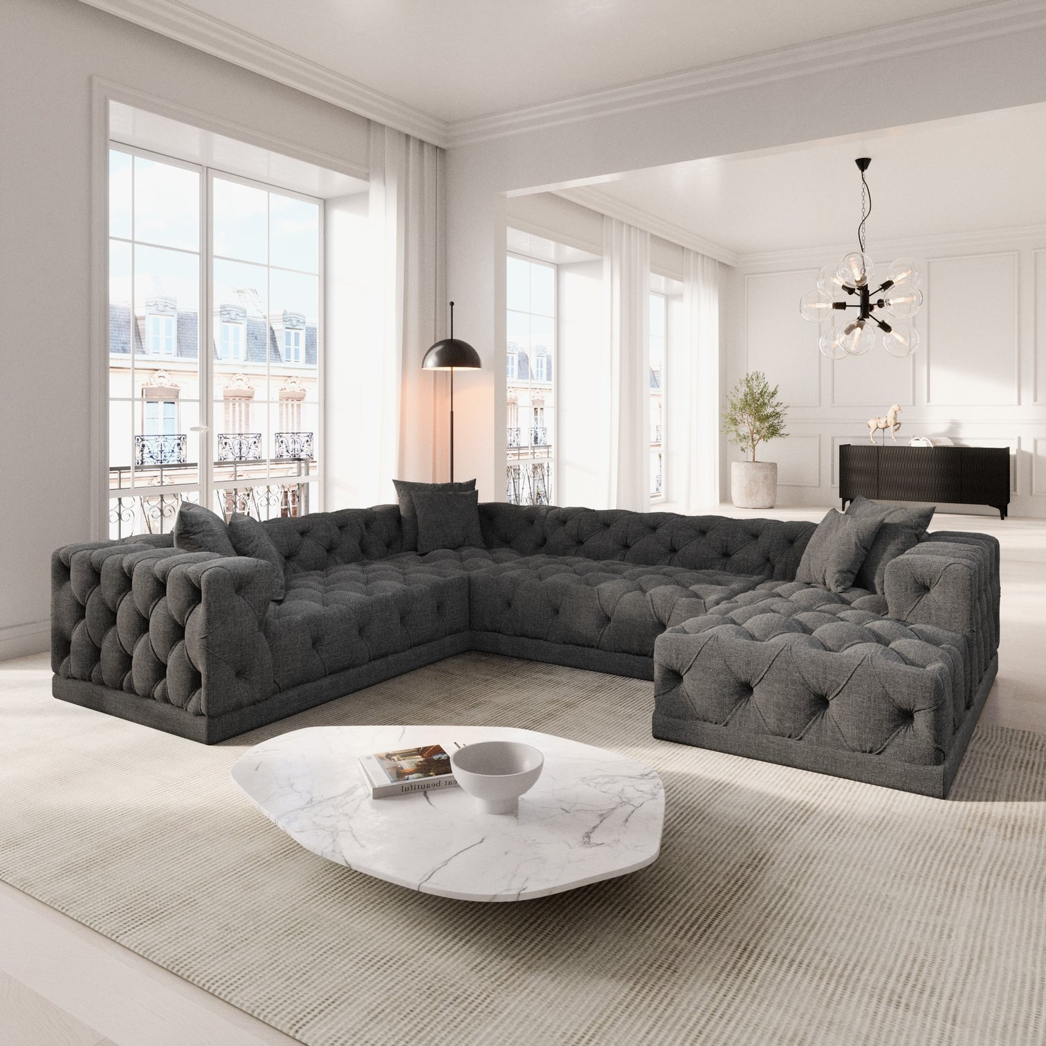 
7-seat designer panoramic sofa “Malika XXL” with textured fabric upholstery - Textured fabric Anthracite / Long side right