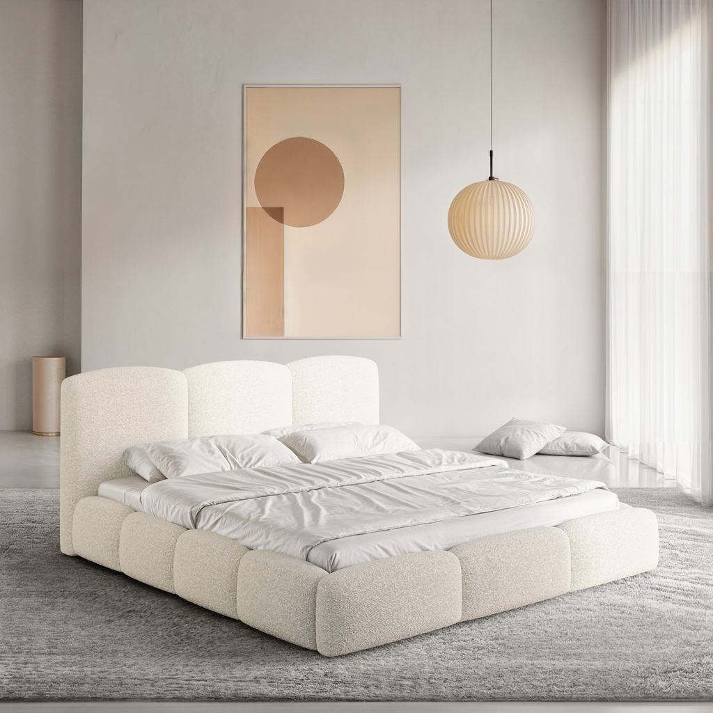 
Design Polsterbett „Elvano“ mit Ablagefach, Bouclé Weiss - 140 x 200 cm