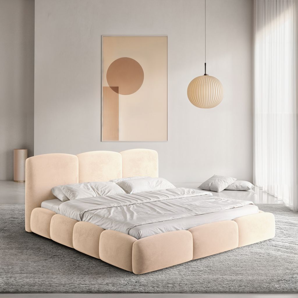 
Design Polsterbett „Elvano“ mit Ablagefach, Samt Beige - 140 x 200 cm