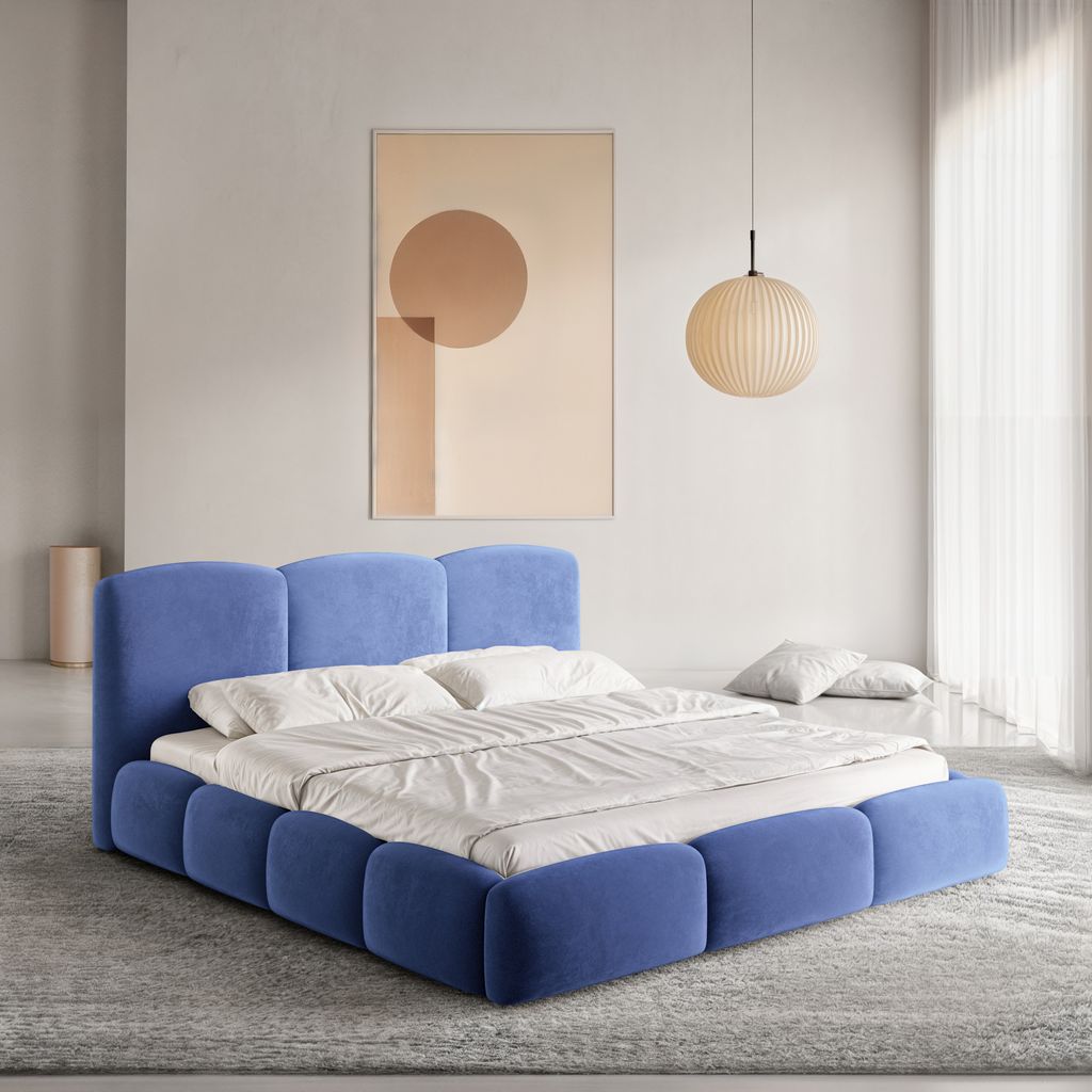 
Design Polsterbett „Elvano“ mit Ablagefach, Samt Blau - 140 x 200 cm