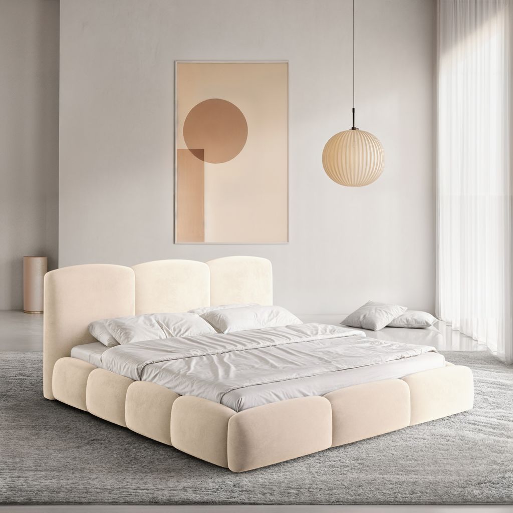 
Design Polsterbett „Elvano“ mit Ablagefach, Samt Cream - 140 x 200 cm