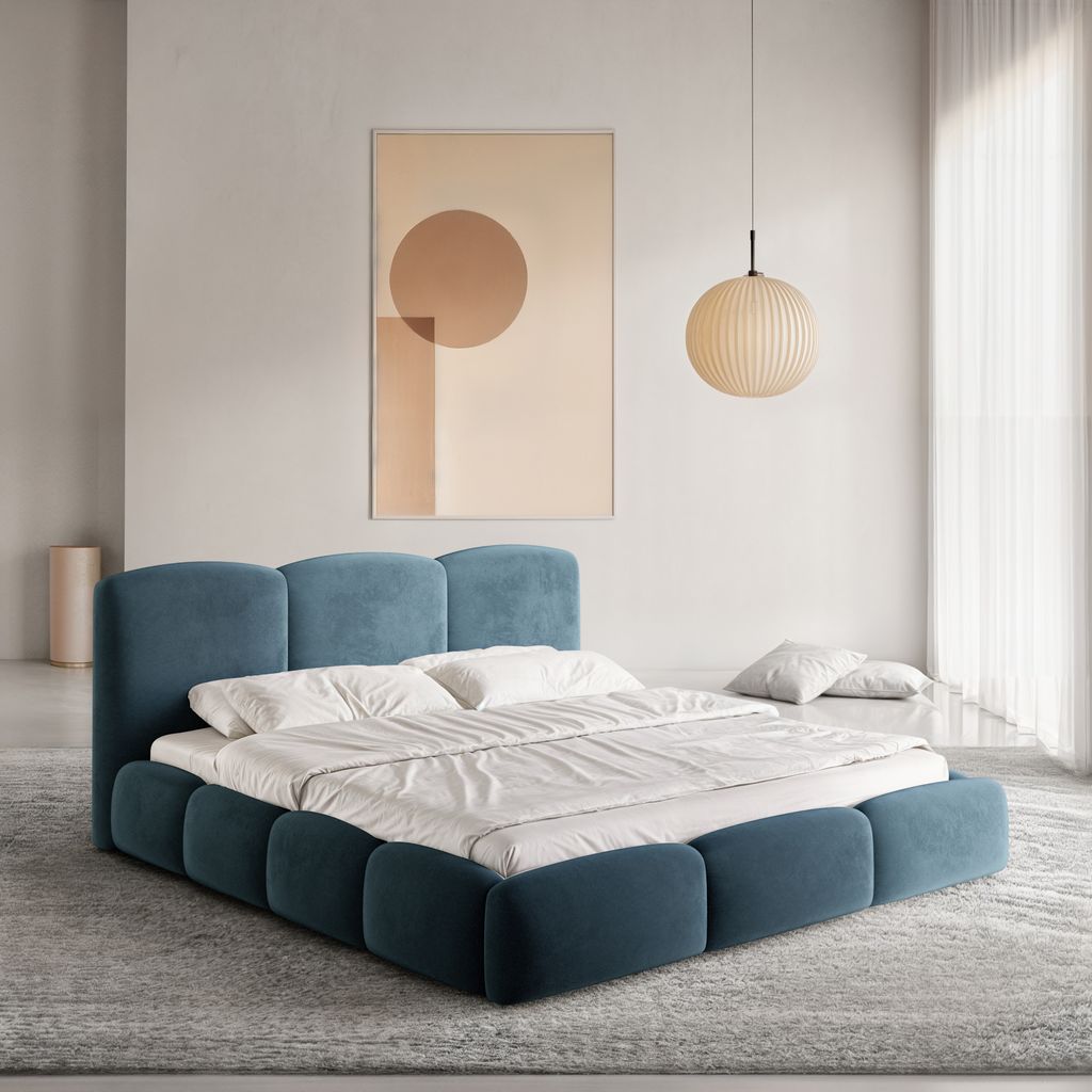 
Design Polsterbett „Elvano“ mit Ablagefach, Samt Dunkelblau - 140 x 200 cm