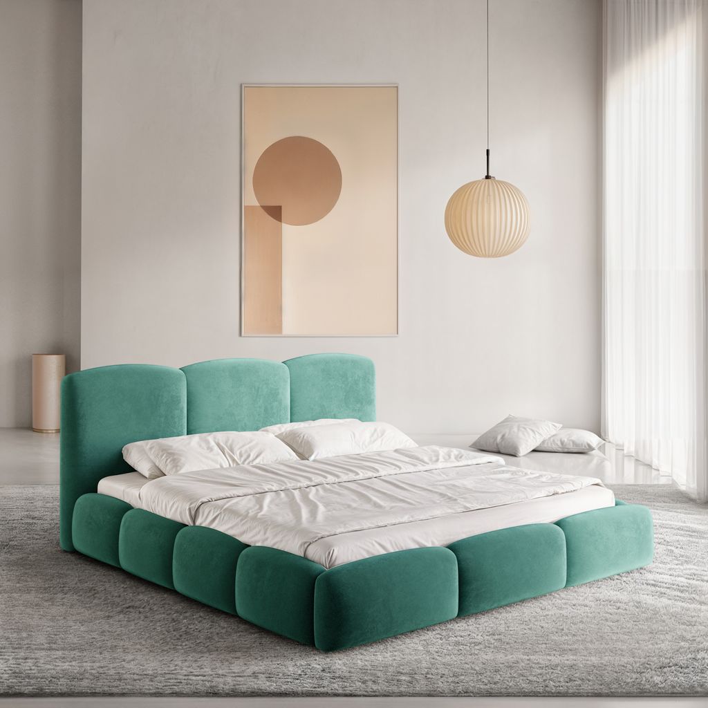 
Design Polsterbett „Elvano“ mit Ablagefach, Samt Grün - 140 x 200 cm