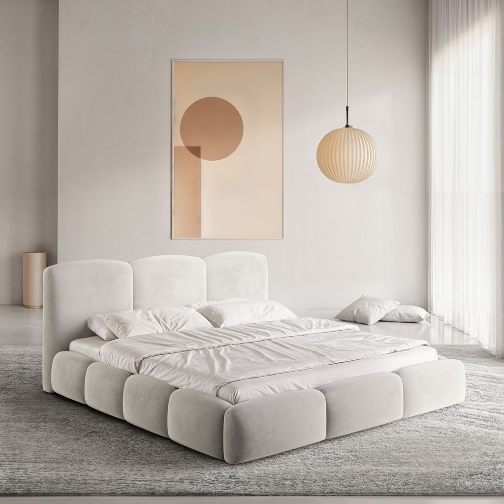 
Design Polsterbett „Elvano“ mit Ablagefach, Samt Hellgrau - 140 x 200 cm