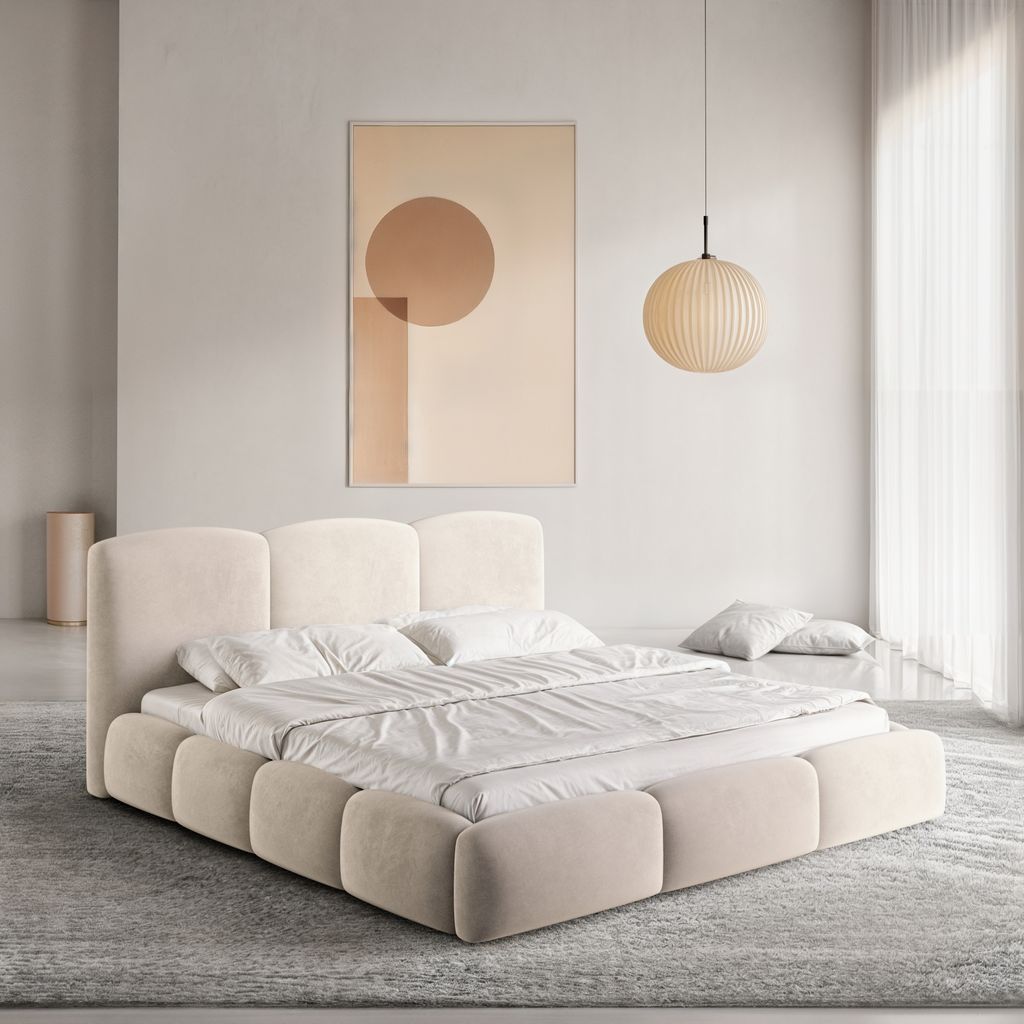 
Design Polsterbett „Elvano“ mit Ablagefach, Samt Sand - 140 x 200 cm