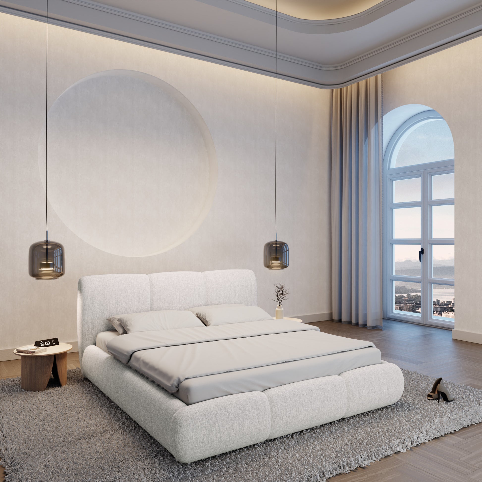 
Design Polsterbett „Elvara“ mit Ablagefach, Bouclé Weiss - 140 x 200 cm